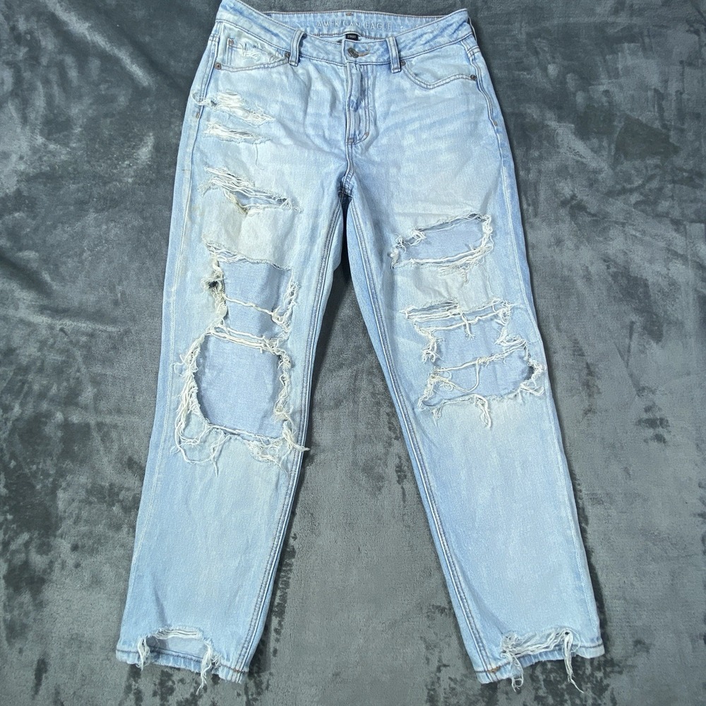 American Eagle Jeans Women 10 Blue Distressed Ripped Straight Grunge Biker *FLAW